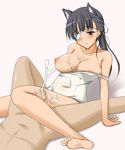  1girl bare_shoulders barefoot black_hair blush breasts brown_eyes cum cum_on_body cum_on_breasts cum_on_upper_body ejaculation eyepatch feet highres kneepit_sex large_breasts long_hair looking_down lying nipples nude penis sakamoto_mio simple_background sitting strike_witches swimsuit thigh thighs toes uncensored white_background 