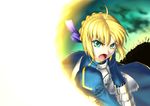  210ten ahoge armor armored_dress artoria_pendragon_(all) blonde_hair dress excalibur fate/zero fate_(series) field_of_blades gauntlets glowing glowing_sword glowing_weapon green_eyes hair_ribbon motion_blur planted_sword planted_weapon ribbon saber solo sword weapon 