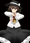  &gt;:) black_background bow brown_eyes brown_hair chain hat hat_bow hota necktie short_hair simple_background skirt smile solo stopwatch touhou usami_renko v-shaped_eyebrows watch white_bow 