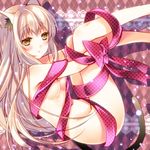  animal_ears argyle argyle_background blush breasts cat_ears cat_tail cocoa_(cafe-hotcocoa) light_particles medium_breasts naked_ribbon nipples original ribbon silver_hair solo tail yellow_eyes 