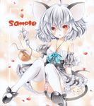  :o ahoge alternate_costume animal_ears ayuayu bad_id bad_pixiv_id bare_shoulders basket breasts cleavage grey_hair holding jewelry looking_at_viewer mary_janes mouse mouse_ears mouse_tail nazrin open_mouth panties pantyshot pantyshot_(sitting) pendant red_eyes sample shoes short_hair sitting small_breasts solo striped striped_panties tail thighhighs touhou traditional_media underwear white_legwear 