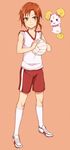  ball blush bow brown_eyes brown_hair candy_(smile_precure!) full_body gym_shorts gym_uniform hino_akane_(smile_precure!) holding kneehighs pink_bow ponytail precure purea shoes shorts simple_background smile smile_precure! sneakers solo white_legwear 