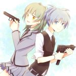  1girl aihara_kaya ansatsu_kyoushitsu back-to-back bad_id bad_pixiv_id beretta_92 blue_eyes blue_hair gun handgun kayano_kaede mac-10 pistol school_uniform shiota_nagisa short_twintails submachine_gun trigger_discipline twintails vest weapon yellow_eyes 