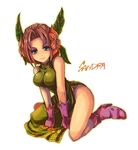  blue_eyes breasts brown_hair china_dress chinese_clothes dress flower gloves hair_flower hair_ornament kara_(color) kneeling large_breasts legend_of_mana sandra seiken_densetsu side_slit solo 