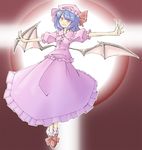  arnest bat_wings dress hat hat_ribbon looking_at_viewer mob_cap outstretched_arms pink_dress puffy_short_sleeves puffy_sleeves red_eyes remilia_scarlet ribbon shoes short_sleeves silver_hair solo spread_arms touhou wings 