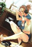  absurdres akg alcohol barefoot beer breasts brown_hair can dutch_angle feet headphones highres legs long_legs medium_breasts original rin_kyoutarou short_shorts shorts solo toes towel towel_around_neck wet wet_clothes 