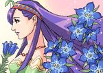  artist_request bare_shoulders chrono_cross collarbone dress eyeshadow flower from_side green_dress headpiece jewelry long_hair lowres makeup necklace pearl_necklace purple_hair red_eyes riddel smiley_face solo very_long_hair 