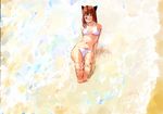  animal_ears barefoot bikini brown_hair cat_ears erica_fontaine feet kusaka_souji long_hair one_eye_closed sakura_taisen sakura_taisen_iii sand soles solo swimsuit water 