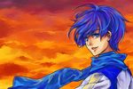  bad_id bad_pixiv_id blue_eyes blue_hair blue_scarf higi_(rodriguez) kaito male_focus scarf sky smile solo vocaloid 