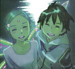  1girl :d ^_^ ^o^ blush brown_hair closed_eyes collarbone dress eureka eureka_seven eureka_seven_(series) highres hood hood_down hooded_jacket jacket long_sleeves looking_at_viewer open_mouth renton_thurston round_teeth silver_hair smile teeth white_jacket yoshida_ken'ichi 