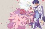  1girl akutsu_(yuumi) blue_hair bouquet bow bowtie bridal_veil bride couple dress elbow_gloves flower gloves happy hetero high_heels holding_hands jewelry nia_teppelin ring rose shoes short_hair simon smile tengen_toppa_gurren_lagann tuxedo veil vest wedding wedding_dress 