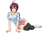  ahoge blue_eyes boots fukuoka_katsumi gundam gundam_seed gundam_seed_destiny knee_boots legs lunamaria_hawke pink_hair pink_skirt shirt short_hair skirt solo t-shirt thighhighs 