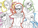  bad_id bad_pixiv_id braid copyright_request esaka formal freckles glasses hair_ornament hairclip long_hair monochrome multiple_girls necktie open_mouth sentai short_hair skirt spot_color suit sweat sweater_vest twintails vest 
