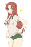  alternate_costume beniko braid green_eyes gym_uniform hairband heart highres hong_meiling long_hair red_hair ribbon solo touhou twin_braids 