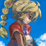  blonde_hair blue_sky blush brown_eyes chrono_cross cloud day from_side high_ponytail jewelry jisu kid_(chrono_cross) long_hair lowres multi-tied_hair necklace pearl_necklace ponytail short_sleeves sky solo very_long_hair 