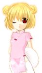 :o arms_behind_back artist_request blonde_hair bow china_dress chinese_clothes double_bun dress higurashi_no_naku_koro_ni houjou_satoko one_eye_closed red_eyes short_hair simple_background solo standing thighhighs tray white_background 