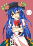  blue_hair crossed_arms food fruit hat hinanawi_tenshi long_hair peach ribbon shingetsu_takehito solo touhou 
