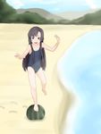  bad_id bad_pixiv_id balancing barefoot beach day food footprints fruit full_body hentai_oyaji kuhouin_murasaki kure-nai long_hair one-piece_swimsuit open_mouth outdoors purple_hair sidelocks solo standing standing_on_object standing_on_one_leg swimsuit water watermelon 