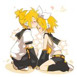  1girl belt blonde_hair blush brother_and_sister closed_eyes detached_sleeves forehead_kiss hair_ribbon headphones ixy kagamine_len kagamine_rin kiss leg_warmers midriff ponytail ribbon school_uniform short_hair shorts siblings sleeveless smile star twins vocaloid 