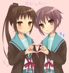  brown_eyes brown_hair cardigan genderswap genderswap_(mtf) heart heart_hands heart_hands_duo hijiki_(hijikini) kita_high_school_uniform kyonko long_hair multiple_girls nagato_yuki ponytail school_uniform serafuku short_hair silver_hair suzumiya_haruhi_no_yuuutsu 