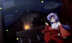  :d blurry depth_of_field detached_sleeves dutch_angle fireflies hakama hanyuu higurashi_no_naku_koro_ni horns japanese_clothes long_hair miko night non-web_source open_mouth purple_eyes purple_hair red_hakama sakai_kyuuta shide shrine sitting smile solo wide_sleeves 