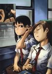  abe_yoshitoshi absurdres earphones highres multiple_girls necktie original school_uniform shared_earphones sitting sleeping sleeping_upright train_interior 