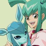  bad_id bad_pixiv_id bangs crossover gen_4_pokemon glaceon green_hair hikke_(kaji0927) luca_(yuu-gi-ou) pokemon pokemon_(creature) smile yellow_eyes yuu-gi-ou yuu-gi-ou_5d's 