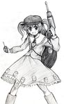  boots dress drill greyscale hair_bobbles hair_ornament kawashiro_nitori long_sleeves looking_at_viewer machinery monochrome mozan pocket rubber_boots screwdriver short_hair solo thighhighs touhou two_side_up zettai_ryouiki 