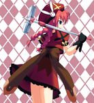  argyle argyle_background beret black_gloves braid dress from_side gloves graf_eisen hat hat_ornament lyrical_nanoha mahou_shoujo_lyrical_nanoha odayan red_dress red_eyes red_hair simple_background solo standing twin_braids twintails vita 