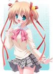  blonde_hair blush bow green_eyes hair_ribbon kamikita_komari little_busters! pink_bow ribbon school_uniform short_hair skirt solo sweater taira_takehiro 