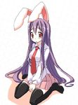  :o animal_ears bangs between_legs black_legwear blush bunny_ears circle collared_shirt full_body hand_between_legs hands_together kaneru long_hair long_sleeves looking_at_viewer miniskirt necktie no_shoes pleated_skirt purple_hair red_eyes red_neckwear reisen_udongein_inaba shirt sitting skirt solo thighhighs touhou very_long_hair wariza white_shirt 