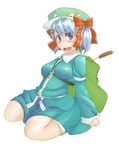  backpack bag baseball_cap blue_eyes blue_hair blush bow cattail frills hair_bow hair_ornament hairpin hat kawashiro_nitori key open_mouth plant sacha short_hair short_twintails simple_background solo touhou twintails two_side_up 