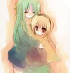  blonde_hair green_hair half_updo higurashi_no_naku_koro_ni houjou_satoko hug lowres multiple_girls ou_(swdp) sonozaki_shion sweater 
