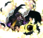  arm_cannon black_wings blurry brooch depth_of_field feathers full_body gem highres jewelry kita long_hair looking_at_viewer puffy_short_sleeves puffy_sleeves reiuji_utsuho short_sleeves simple_background solo third_eye touhou very_long_hair weapon white_background wings 