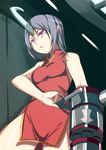 china_dress chinese_clothes cowboy_shot dress indoors johnny_funamushi machinery original purple_eyes red_dress serious side_slit silver_hair solo standing thighs 