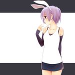  animal_ears arm_behind_back bare_shoulders blush bunny_ears collarbone cowboy_shot detached_sleeves hand_up looking_away original outline parted_lips pink_hair purple_hair red_eyes shiny shiny_skin short_hair skirt sleeveless smile solo toshiya white_outline 