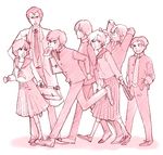  5boys artist_request bag beecha_oleg bow bright_noa elle_vianno food food_in_mouth gakuran gundam gundam_zz ino_abbav judau_ashta leina_ashta mondo_agake monochrome mouth_hold multiple_boys multiple_girls necktie open_mouth pink ponytail running school_bag school_uniform serafuku short_hair smile toast toast_in_mouth 