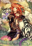  absurdres china_dress chinese_clothes colorful dress earrings eiwa highres jewelry original red_eyes red_hair scan snake solo tattoo tiger water 
