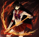  back_bow bad_id bad_pixiv_id bishoujo_senshi_sailor_moon black_hair bow bow_(weapon) choker earrings elbow_gloves fiery_background fire gloves hino_rei jewelry long_hair magical_girl mars_arrow nako_(nonrain) red_sailor_collar red_skirt sailor_collar sailor_mars sailor_senshi_uniform skirt solo star star_choker super_sailor_mars tiara weapon white_gloves 