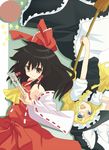  bad_id bad_pixiv_id black_hair blonde_hair broom hakurei_reimu hat hyakuen_raitaa kirisame_marisa long_hair multiple_girls ribbon touhou upside-down 