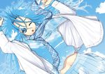  blue_eyes cloud coach_(artist) copyright_request day lying midriff one_eye_closed scarf skirt sky solo 