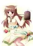 animal_ears apple brown_hair drink fang food fruit holding holding_food holding_fruit holo long_hair red_eyes solo spice_and_wolf tail tekehiro wolf_ears 