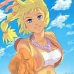  bad_id bad_pixiv_id bandeau beads blonde_hair blue_eyes chrono_cross cloud day gloves hair_ribbon hands jewelry kid_(chrono_cross) long_hair magatama midriff multi-tied_hair necklace outstretched_arm outstretched_hand ponytail reaching ribbon signature sky smile solo strapless tubetop uzuinu vest 