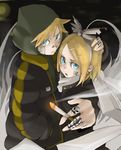  1girl bandaid blonde_hair blue_eyes brother_and_sister cigarette earrings hair_ribbon hood jewelry kagamine_len kagamine_rin ribbon ring short_hair siblings smoke smoking tansuke twins urban_style vocaloid 