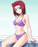  bikini blue_eyes code_geass kallen_stadtfeld midriff muhi11234 red_hair short_hair sitting solo swimsuit wet 