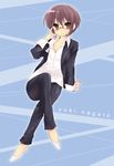  brown_eyes business_suit crossed_legs formal glasses hijiki_(hijikini) nagato_yuki purple_hair short_hair sitting solo suit suzumiya_haruhi_no_yuuutsu 