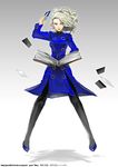  bad_id bad_pixiv_id belt blue_card book card curly_hair dress falling_card floating holding holding_card lipstick maguchimo makeup margaret_(persona) pantyhose persona persona_4 ponytail silver_hair solo yellow_eyes 
