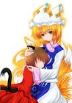  animal_ears blonde_hair brown_hair cat_ears cat_tail chen closed_eyes fox_tail hand_on_another's_head hat hug inu3 long_sleeves multiple_girls pillow_hat short_hair tail tassel touhou white_background wide_sleeves yakumo_ran 