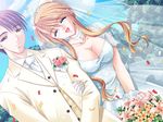  800x600 blonde_hair bouquet breasts choker cleavage confetti couple dress eyes_closed flower happy open_mouth smile wedding wedding_dress 