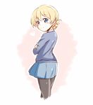  black_legwear blonde_hair blue_eyes blue_skirt blue_sweater blush braid chomo_(asymmate) crossed_arms darjeeling dress_shirt girls_und_panzer long_sleeves miniskirt pantyhose pleated_skirt school_uniform shirt short_hair skirt smile solo st._gloriana's_school_uniform sweater tied_hair twin_braids white_background white_shirt 